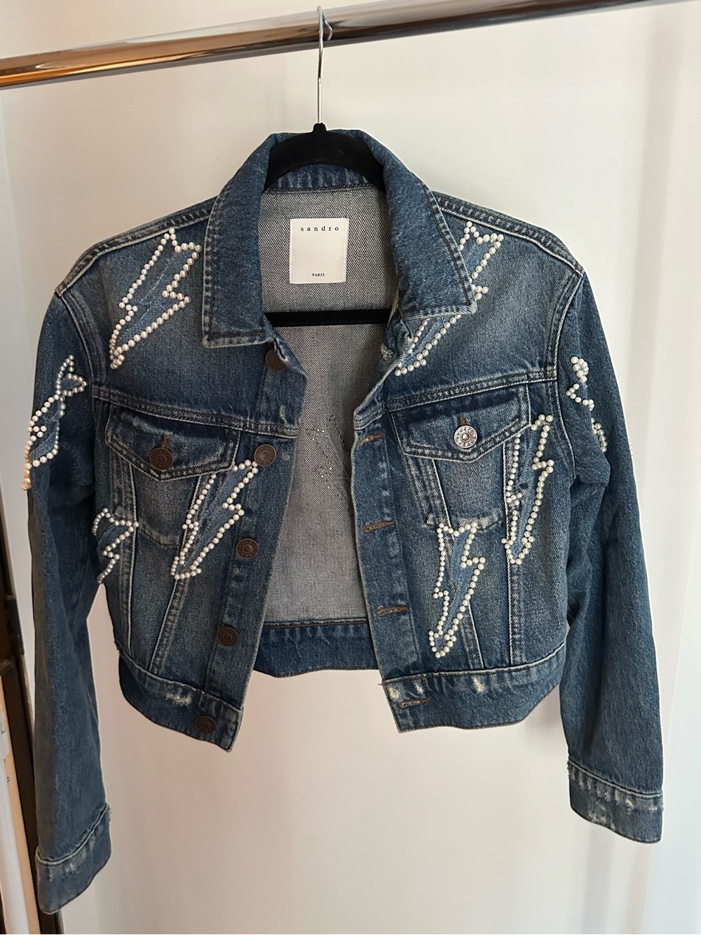 Sandro Blue Denim Jacket with Pearl Lightning Embellishment Cropped Jean Jacket